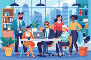 An illustration depicting a diverse team of colleagues collaborating in a modern office setting. The team members are engaged in a meeting, using a laptop and discussing ideas. vector