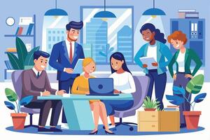 A diverse team of professionals works together in a modern office space, showcasing collaboration and innovation in the workplace. vector