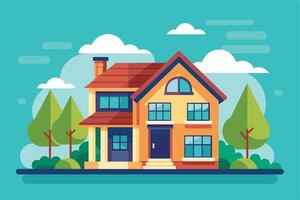 A cartoon illustration of a two-story house with a red roof, yellow walls, and green trees on a sunny day with clouds. vector