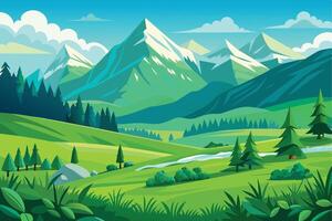 A digital illustration of a green valley with snow-capped mountains in the background. The sky is blue and there are white clouds. A small stream flows through the valley. vector