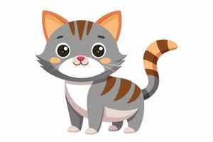 A cartoon cat with gray fur and brown stripes stands on a white background. The cat has large eyes, a happy expression, and a long, striped tail. vector