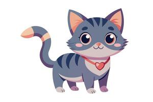 Illustration of a cute grey cat with white chest and stripes wearing a red collar with a heart pendant, standing and looking at the viewer. vector