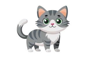 A cute cartoon cat with gray and white stripes, big green eyes, and a pink nose is standing on a white background. It has a white patch on its chest and tail. vector