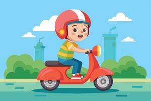 An illustration of a happy young boy riding a red scooter through a park. He is wearing a helmet and a striped shirt. In the background, there are trees, clouds, and a cityscape. vector