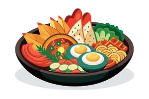 A close-up view of a colorful bowl of Asian cuisine featuring fried eggs, vegetables, and noodles. vector