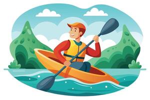 A man paddles his kayak down a scenic river with green hills in the background. Hes wearing a life jacket and smiling brightly as he enjoys the sunny day. vector