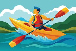 An illustration of a man kayaking on a sunny day. He is paddling with a paddle and his kayak is surrounded by water with mountains in the background. vector