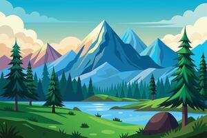 A digital illustration of a picturesque mountain lake scene with a lush forest in the foreground, tall, snow-capped peaks in the background, and a blue sky above. vector