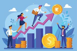An illustration showing a diverse team working together and climbing up a growth graph, symbolizing their collective effort towards financial success. vector
