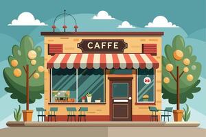 Image of a quaint Italian cafe with outdoor seating under a striped awning, next to trees, on a sunny day with clouds. vector