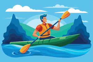A man in a kayak paddles on a river surrounded by lush green hills and white clouds in the sky. vector