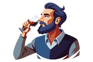 A cartoon illustration of a bearded man taking a sip of red wine from a glass. vector