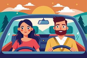 A happy couple drives through a scenic landscape with hills in the background. The sun is setting behind them, casting a warm glow over the scene. vector