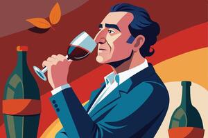 A man in a suit sniffs a glass of red wine, with two wine bottles in the background. vector