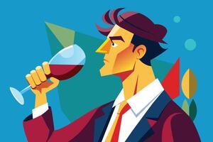 An illustration of a man wearing a suit, with a glass of red wine in his hand. He is looking intently at the wine, perhaps savoring its taste. vector
