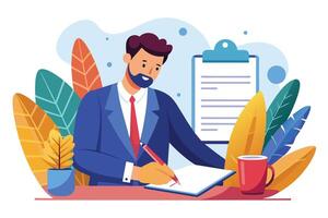 A businessman sits at a desk, signing a contract with a pen. There is a clipboard with a checklist next to him and a cup of coffee to his right. vector