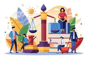 An illustration depicting a large scale of justice with people surrounding it, including a gavel, a stack of books, and a sun in the background. vector