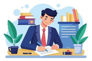 A businessman sits at a desk with books, plants, and a cup of coffee, writing an important document. He is focused on his work and looks professional in a suit and tie. vector