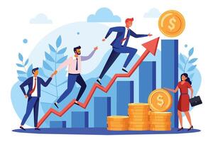 An illustration depicting three businesspeople climbing an upward trend arrow leading to a stack of gold coins, symbolizing financial success. vector