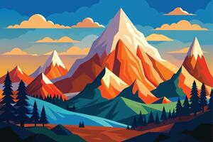 A digital illustration of a colorful mountain range with snow-capped peaks, lush green valleys, and a blue sky with fluffy clouds. vector