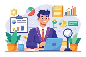 A businessman sits at his desk, working on a laptop with various charts and graphs surrounding him. He appears to be analyzing data and working on a project. vector