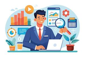 A smiling businessman in a suit sits at a desk, using a laptop and holding a magnifying glass over data charts. vector