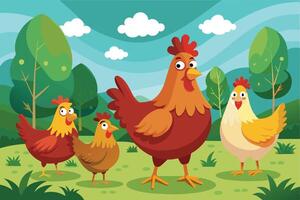 A digital illustration of four cartoon chickens standing in a green meadow on a sunny day. vector