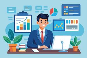Cartoon image of a businessman in a blue suit working at a desk with a computer, red tie, surrounded by charts and graphs, showing a successful business. vector