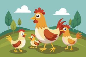 A cartoon illustration of a hen and her chicks in a lush green field with trees and clouds in the background. vector