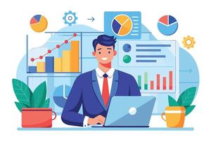 A smiling businessman in a suit sits at a desk, analyzing charts and graphs on a laptop. Hes surrounded by various data visualizations, reflecting his commitment to business success. vector