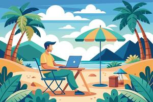 A man sits on a beach, working on his laptop, shaded by an umbrella with a palm tree in the background. vector