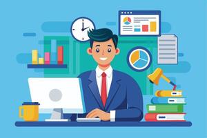 Illustration of a businessman working at his computer desk, surrounded by charts, graphs, and other office supplies. vector