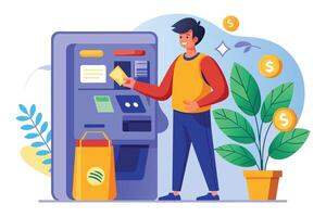 A cartoon illustration of a man using an ATM machine to withdraw cash. He is smiling and holding a card in his hand, and there is a shopping bag next to the machine. vector