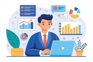 A businessman sits at a desk, looking at a laptop screen. Around him are charts and graphs, representing his business data. vector