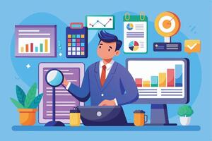 A businessman sits at a desk with a magnifying glass and coffee, analyzing charts on a computer screen to make strategic business decisions. vector
