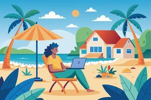 A woman sits on a beach chair under a beach umbrella, working on her laptop. She is surrounded by palm trees, a beach house, and a view of the ocean. vector
