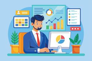 A businessman sits at his desk in front of a computer, analyzing data presented in charts and graphs. He has a serious expression and appears to be focused on his work. vector