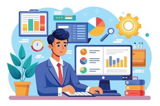 An illustration depicting a businessman analyzing data on his computer, surrounded by various charts, graphs, and other business-related items. vector