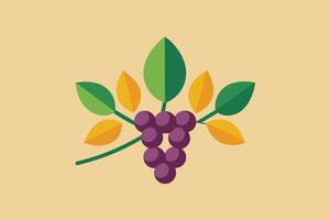 A flat, minimalist illustration of a cluster of grapes on a vine with green and yellow leaves. The design is simple and modern. vector