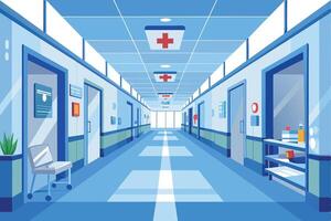A long, empty hospital corridor with blue walls, tiled floors, and several closed doors. There are red cross signs on the ceiling lights. vector