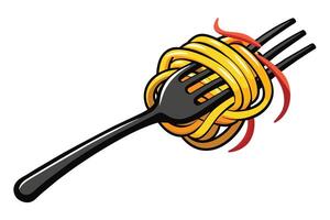 A cartoon image of a black fork holding a large serving of yellow spaghetti. vector