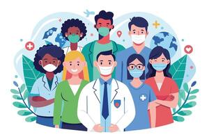 An illustration of a diverse group of healthcare workers wearing face masks. The image represents the importance of healthcare workers during a pandemic. vector