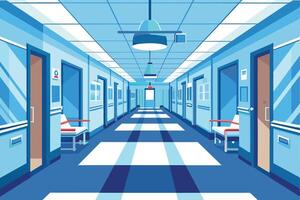 A cartoon depiction of a hospital hallway with multiple doors and waiting chairs. The hallway is empty and has a bright blue and white color scheme. vector