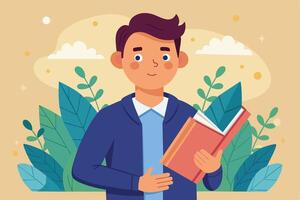 An illustration of a young man holding a book open in front of him, with green leaves behind him. vector