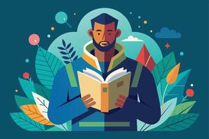A man with a beard reads a book in a colorful illustration with nature elements, such as leaves and flowers. vector