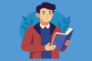 A cartoon illustration depicting a young man in a red jacket holding a blue book and reading. The illustration is set against a blue background with green leafy branches. vector