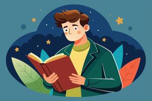 A young man, wearing a green jacket, sits in front of a dark blue sky filled with stars. He is reading a red book with focus and concentration. vector