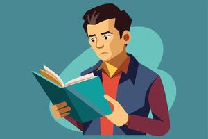An illustration of a man, wearing a blue jacket, red shirt, and brown hair, reading a book with a concerned expression. vector