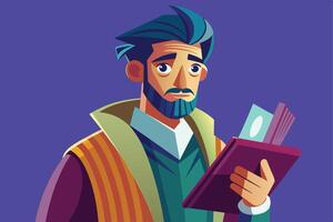 A cartoon illustration depicts a man with a beard reading a closed book with a stack of money peeking out. The illustration is set against a purple background. vector