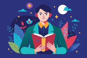 An illustration of a man reading a book at night, surrounded by flowers and a moon. He is smiling, suggesting he enjoys reading. vector